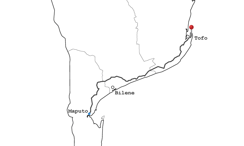 Map graphics route Maputo to Tofo - Romeo Transfers