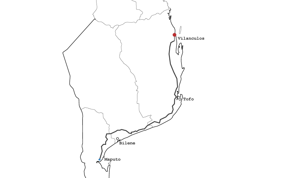 Map graphics route Maputo to Vilanculos - Romeo Transfers